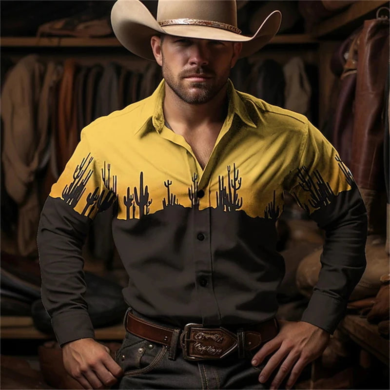 Retro Western Cowboy Pattern Shirts Fashion Trendy Men's Long Sleeve Shirt Outdoor Street Casual Daily Wear Oversize Men Clothes