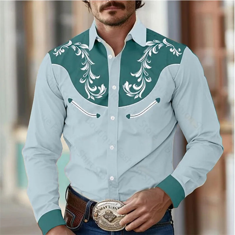Floral Retro Western Men's Shirt Outdoor Street Casual Daily Spring and Summer Lapel Long Sleeve S-5XL Stretch Fabric Shirt