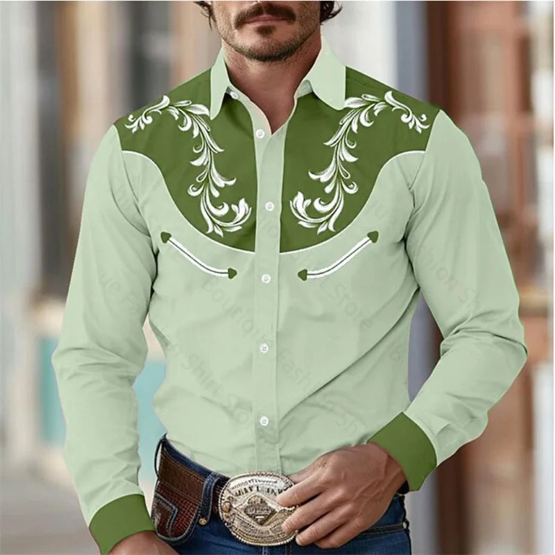 Floral Retro Western Men's Shirt Outdoor Street Casual Daily Spring and Summer Lapel Long Sleeve S-5XL Stretch Fabric Shirt