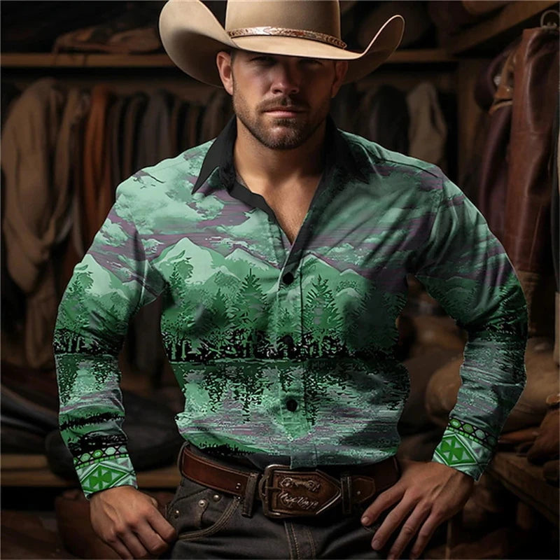 Retro Western Cowboy Pattern Shirts Fashion Trendy Men's Long Sleeve Shirt Outdoor Street Casual Daily Wear Oversize Men Clothes