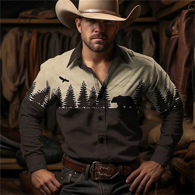 Retro Western Cowboy Pattern Shirts Fashion Trendy Men's Long Sleeve Shirt Outdoor Street Casual Daily Wear Oversize Men Clothes