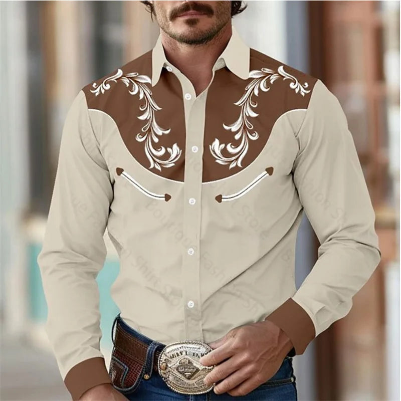 Floral Retro Western Men's Shirt Outdoor Street Casual Daily Spring and Summer Lapel Long Sleeve S-5XL Stretch Fabric Shirt