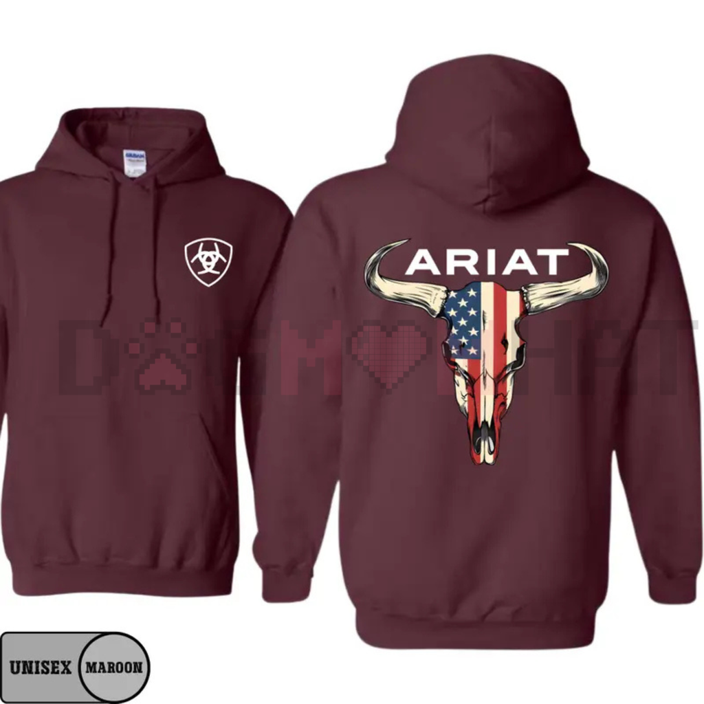 Ariat-Inspired American Flag Bull Skull Hoodie – Unisex Western Cowboy Pullover