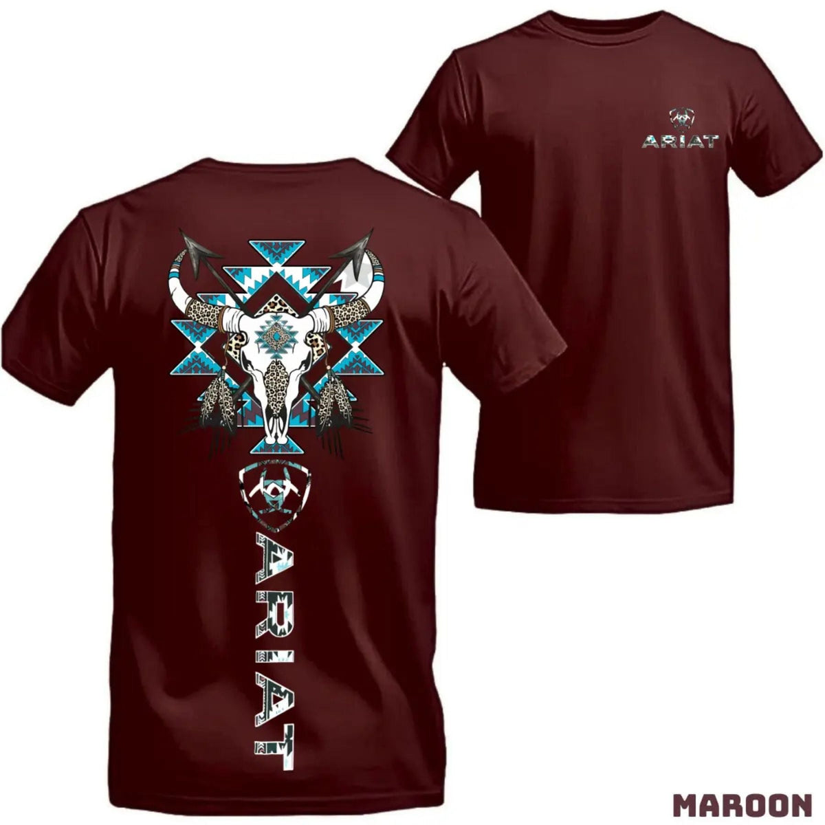 Ariat Western Bull Skull T-Shirt - Tribal Graphic with Turquoise Accents, Rodeo Style Gift Tee