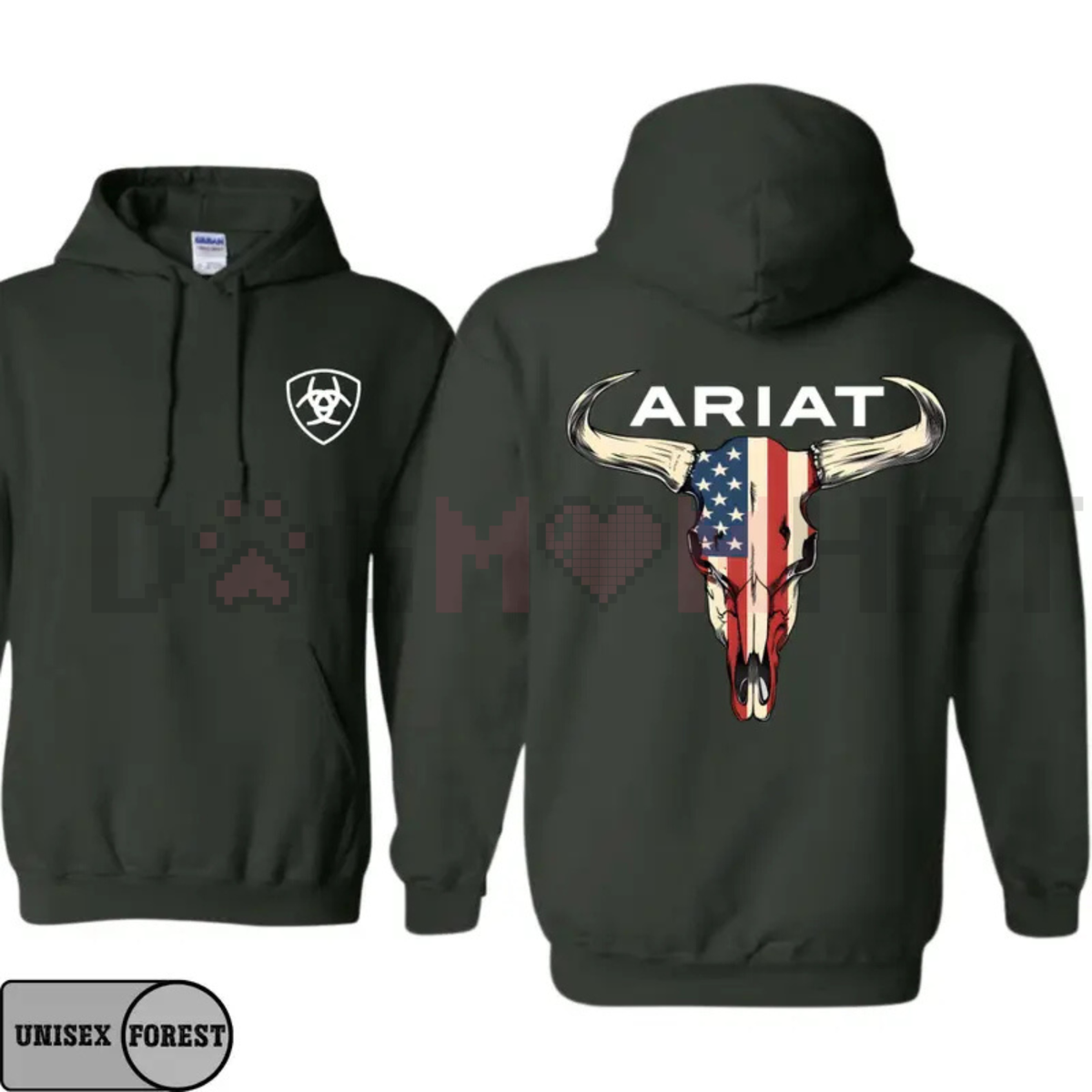 Ariat-Inspired American Flag Bull Skull Hoodie – Unisex Western Cowboy Pullover