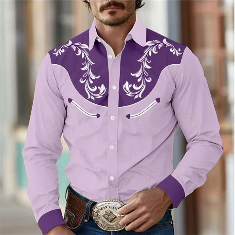 Floral Retro Western Men's Shirt Outdoor Street Casual Daily Spring and Summer Lapel Long Sleeve S-5XL Stretch Fabric Shirt