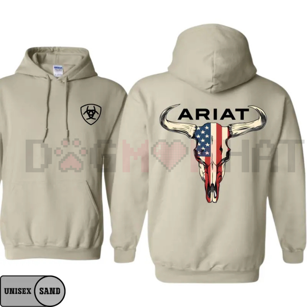 Ariat-Inspired American Flag Bull Skull Hoodie – Unisex Western Cowboy Pullover