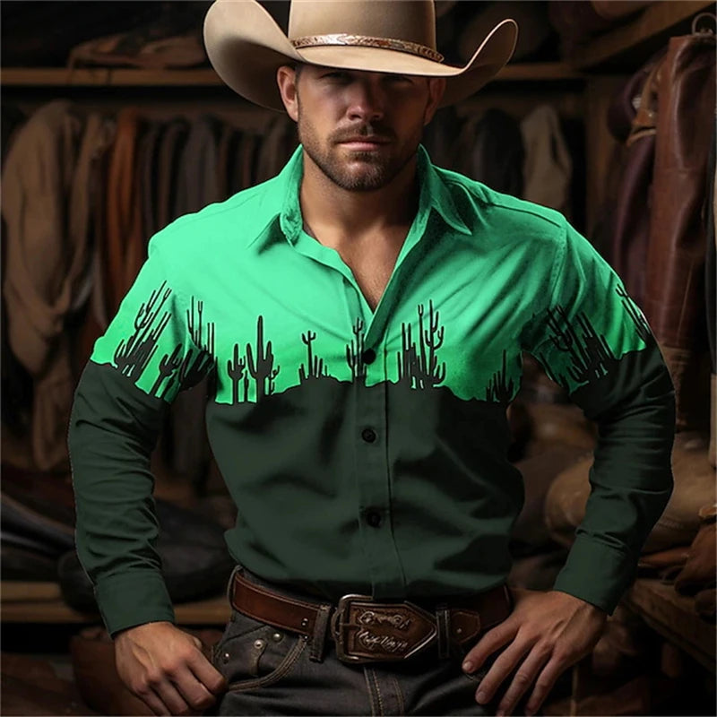 Retro Western Cowboy Pattern Shirts Fashion Trendy Men's Long Sleeve Shirt Outdoor Street Casual Daily Wear Oversize Men Clothes