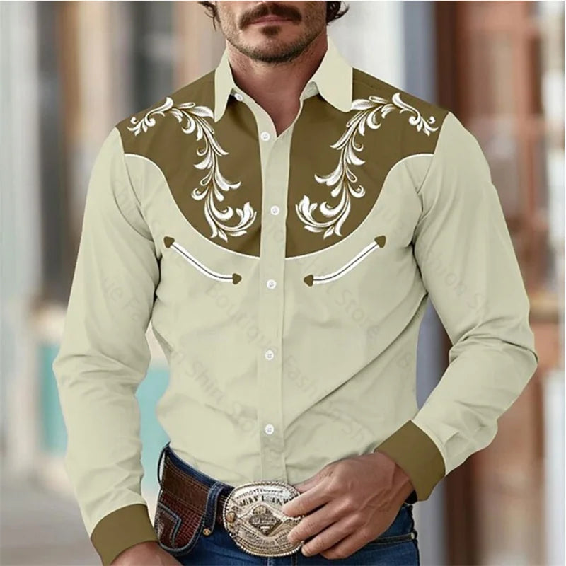 Floral Retro Western Men's Shirt Outdoor Street Casual Daily Spring and Summer Lapel Long Sleeve S-5XL Stretch Fabric Shirt
