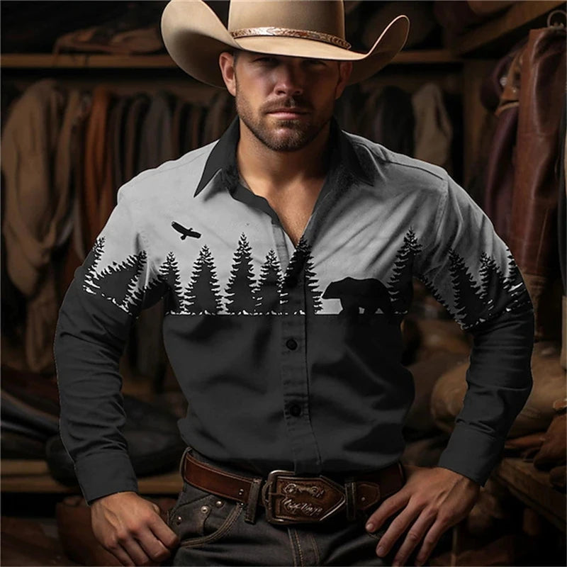 Retro Western Cowboy Pattern Shirts Fashion Trendy Men's Long Sleeve Shirt Outdoor Street Casual Daily Wear Oversize Men Clothes