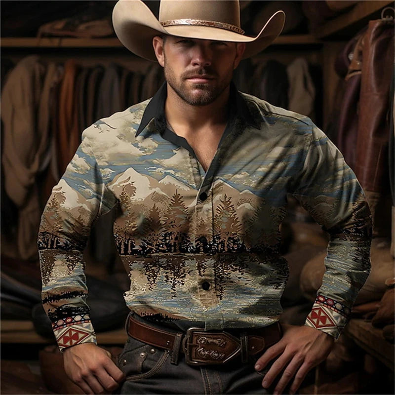 Retro Western Cowboy Pattern Shirts Fashion Trendy Men's Long Sleeve Shirt Outdoor Street Casual Daily Wear Oversize Men Clothes