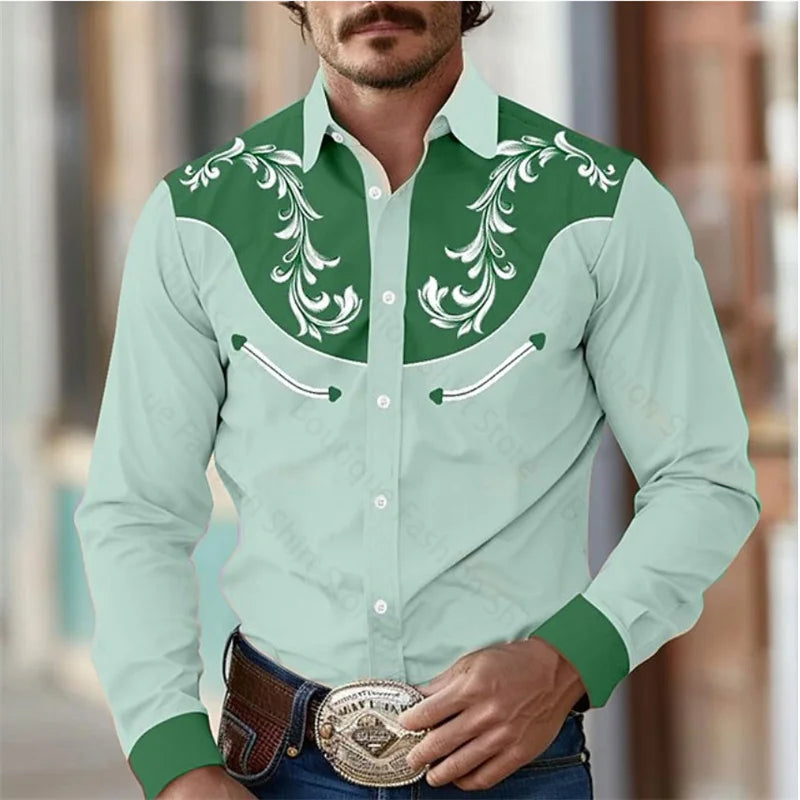 Floral Retro Western Men's Shirt Outdoor Street Casual Daily Spring and Summer Lapel Long Sleeve S-5XL Stretch Fabric Shirt