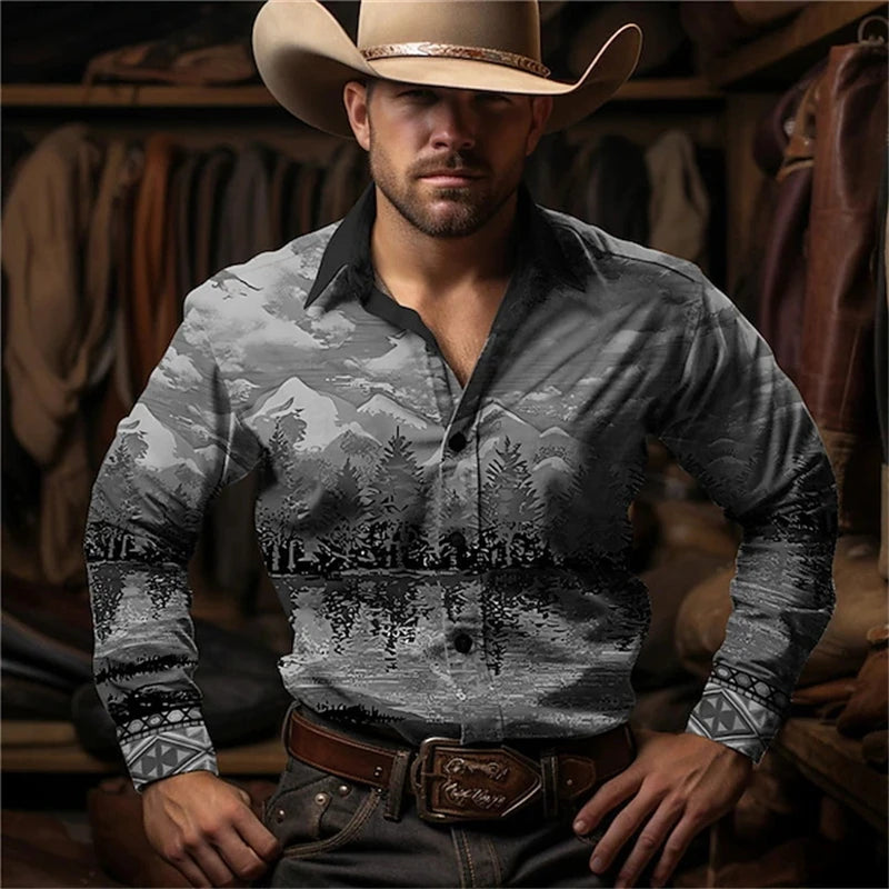 Retro Western Cowboy Pattern Shirts Fashion Trendy Men's Long Sleeve Shirt Outdoor Street Casual Daily Wear Oversize Men Clothes